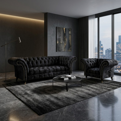 Chesterfield Schwarze Polstermöbel Designer Wohnzimmer Couch Sessel 2tlg