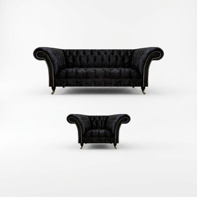 Chesterfield Schwarze Polstermöbel Designer Wohnzimmer Couch Sessel 2tlg