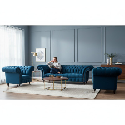 Chesterfield Blaue Sitzgarnitur Modernes Komplettes Wohnzimmer Sofa Set