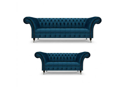 Luxuriöse Blaue Chesterfield Textilgarnitur 3-Sitzer Sofa Zweisitzer