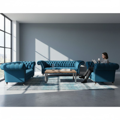 Luxuriöse Chesterfield Blaue Polstergarnitur Designer Textilsofas Sessel