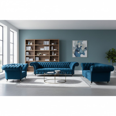 Luxuriöse Chesterfield Blaue Polstergarnitur Designer Textilsofas Sessel