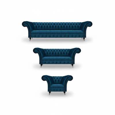 Luxuriöse Chesterfield Blaue Polstergarnitur Designer Textilsofas Sessel