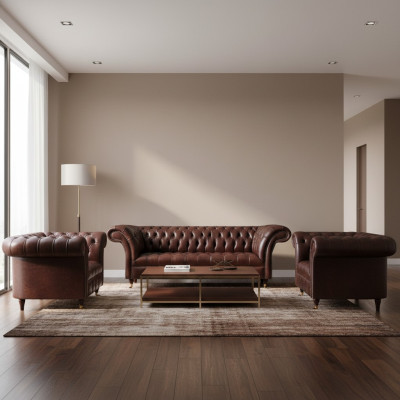 Luxus Braune Chesterfield Ledermöbel Designer Dreisitzer 2x Sessel 3tlg