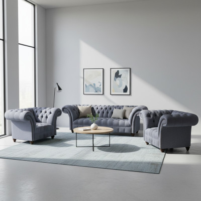 Chesterfield Hellgraue Sofagarnitur Edler Polster Dreisitzer 2x Sessel