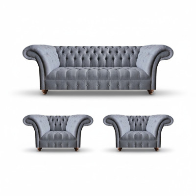 Chesterfield Hellgraue Sofagarnitur Edler Polster Dreisitzer 2x Sessel