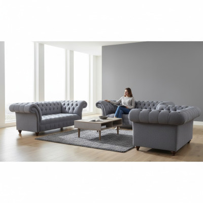 Hellgraue Chesterfield Polstercouchen Designer 3-Sitzer Zweisitzer 2tlg