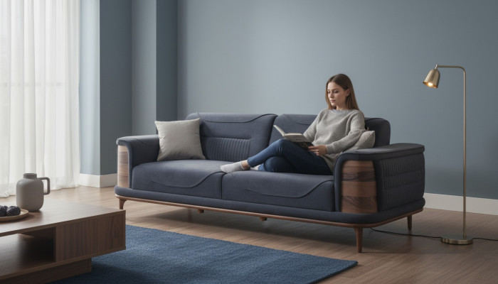 Zwei dunkelgraue Sofas im modernen Stil mit Holzbeinen für ein Wohnzimmer