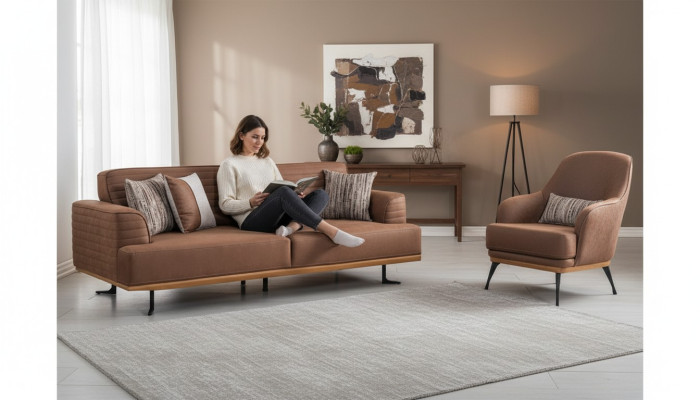 Luxus Sofagarnitur: Braun Dreisitzer-Sofa und Sessel für Wohnzimmer