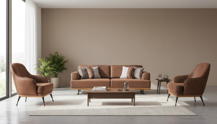 Modern Dreisitzer Sofa und Sessel Braun Polstermöbel Set für Wohnzimmer