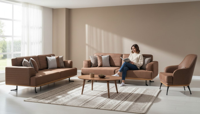 Exklusive Dreisitzer-Sofas und -Sessel für das Wohnzimmer in brauner Polsterung