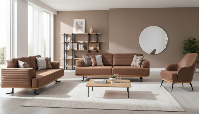 Exklusive Dreisitzer-Sofas und -Sessel für das Wohnzimmer in brauner Polsterung