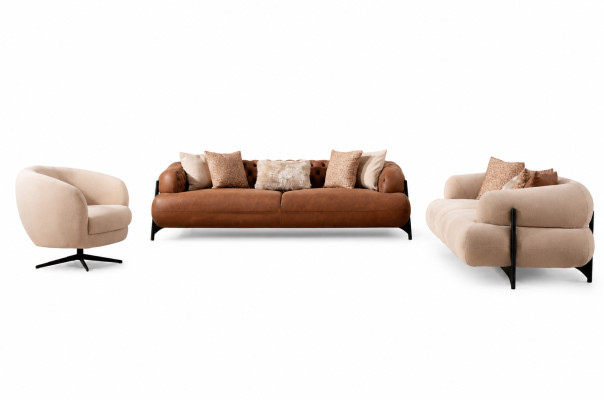 Braun-Weiße Wohnzimmer Couchgarnitur Exklusive Dreisitzer Sofas Sessel