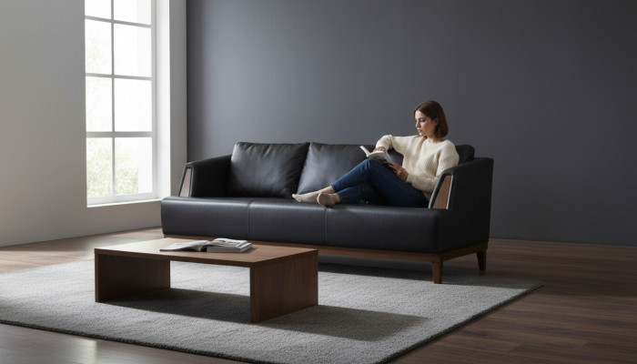 Schwarzer Designer Leder Dreisitzer Moderne Wohnzimmer Polster Couch
