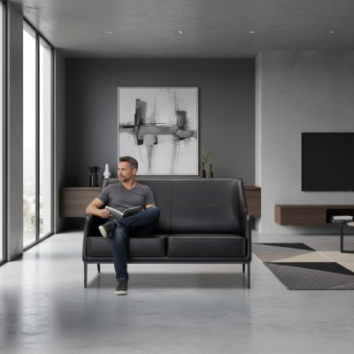 Luxuriöse Schwarze Ledercouch Designer Polstermöbel Moderner Zweisitzer