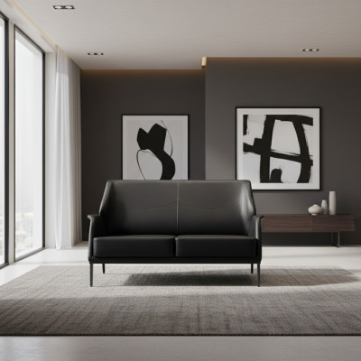 Luxuriöse Schwarze Ledercouch Designer Polstermöbel Moderner Zweisitzer