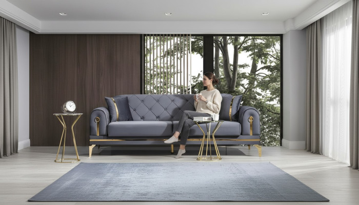 Chesterfield Graues Stoffsofa Designer Wohnzimmer Dreisitzer Textil 3-er