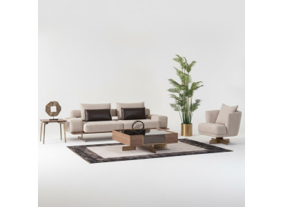 Beige Holz-Textil Wohnzimmer Set modern Sofa und Sessel