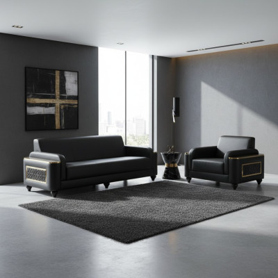 Arbeitszimmer 3-Sitzer Sofa mit Sessel Schwarz Einfarbig Stil Wohznimmer