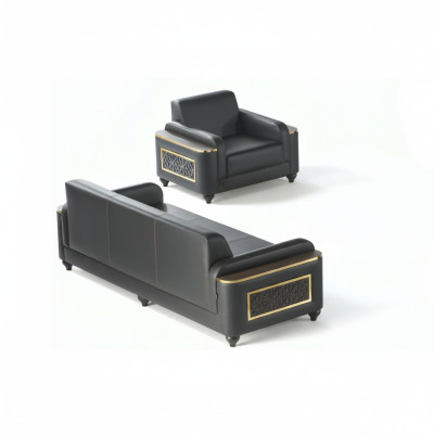 Arbeitszimmer 3-Sitzer Sofa mit Sessel Schwarz Einfarbig Stil Wohznimmer
