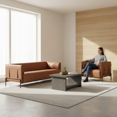 Sitzmöbel 3tlg Braun 3-Sitzer Sessel Grau Farbe Couchtisch Arbeitszimmer