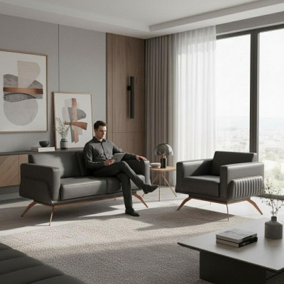 Arbeitszimmer-Set 2tlg 2-Sitz Sofa mit Sessel Grau Einfarbig Wohnzimmer