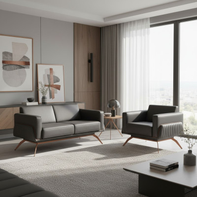 Arbeitszimmer-Set 2tlg 2-Sitz Sofa mit Sessel Grau Einfarbig Wohnzimmer