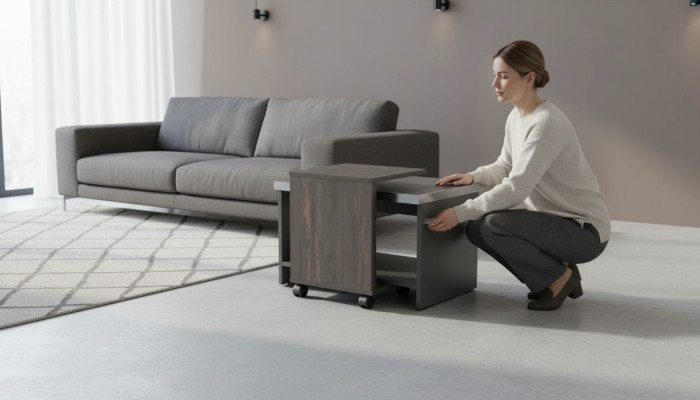 Couchtisch Grau Einfarbig Arbeitszimmer Wohnzimmer Rechteck mit Regal
