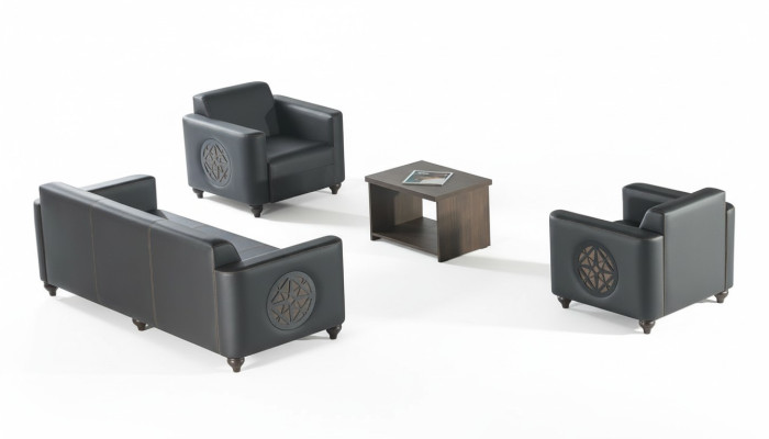 Arbeitszimmer-Set 4tlg Schwarz 3-Sitzer 2x Sessel Braun Couchtisch Modern