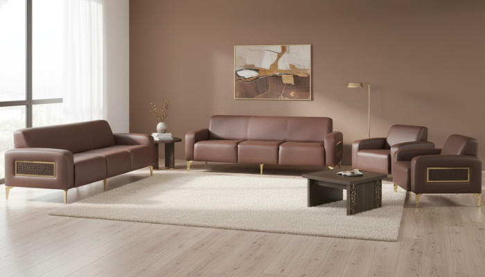 Braune Arbeitszimmer Ledergarnitur Dreisitzer 2x Lehnsessel Couchtisch