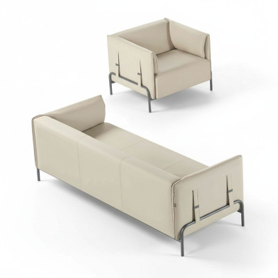 Arbeitszimmer-Set 2tlg 3-Sitzer Sessel Beige Einfarbig Kissen Wohnzimmer