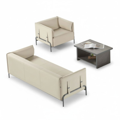 Arbeitszimmer-Set 3tlg Beige 3-Sitzer Sessel Grau Couchtisch Wohnzimmer