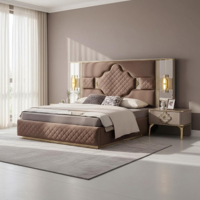 Braun-Beige Exklusive Schlafzimmer Garnitur Doppelbett 2x Nachttische