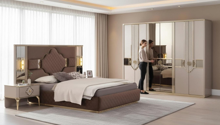 Braun-Beiges Schlafzimmer Set Kleiderschrank Polsterbett Nachttische