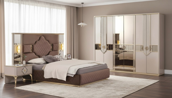 Braun-Beiges Schlafzimmer Set Kleiderschrank Polsterbett Nachttische