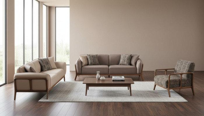 Braun-Beige Wohnzimmer Sofagarnitur Wohnzimmer Designer Möbel 2x Couchen
