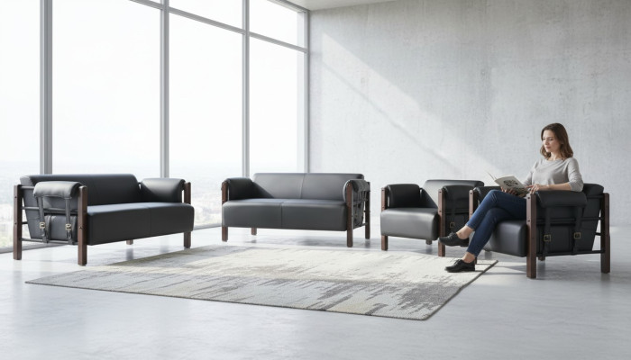 Ledersofas Couch 2-Sitzer Sofas Sofas Sessel Schwarz Modern Leder Holz