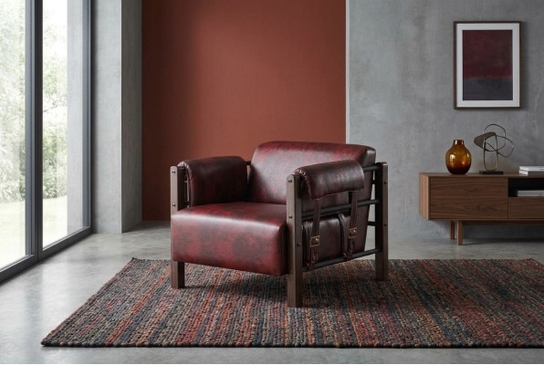 Ledersessel Sessel Bordeaux Lehnsessel Leder Holz Modern 1-Sitzer