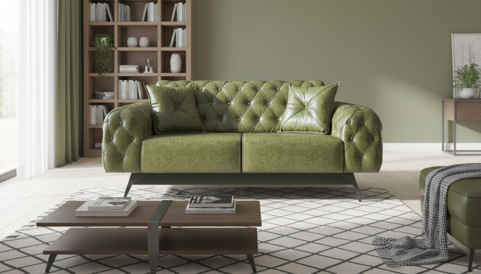 Ledersofa 2-Sitzer Sofa Grün Polster Klassisch Kissen Chesterfield Sofa
