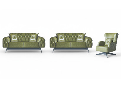 Leder Couch Sofa-Set 2-Sitzer Grün Polster Kissen Sessel Klassisch Weich