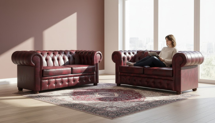 Ledersofas Chesterfield Knöpfen Couch 2-Sitzer Bordeaux Klassisch Sofas