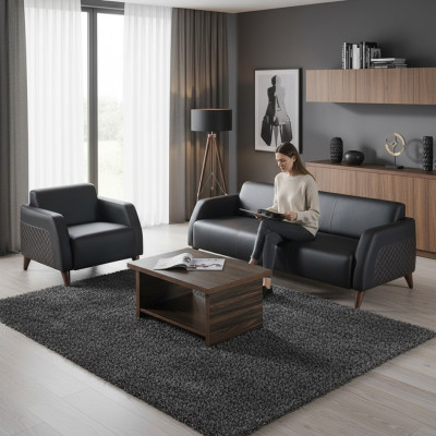 Sofas-Set Ledesofa Schwarz 3-Sitzer Sessel Braun Couchtisch Modern Leder