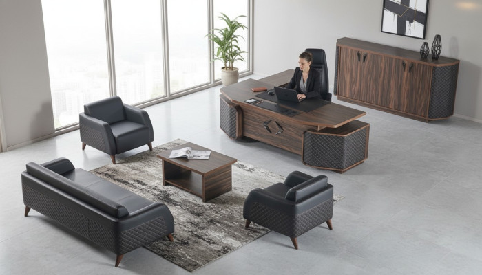 Arbeitszimmer-Set Komplett Sofas Schreibtisch Sideboard Büro Couch Leder