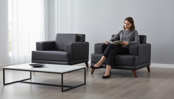 Lehnsessel Leder Sessel Schwarz Modern Polster Kissen 1-Sitzer Holz