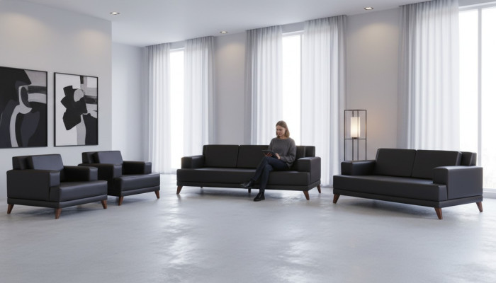 Ledersofas Set 3-Sitzer 2-Sitzer 2x Sessel Schwarz Polster Kissen Holz