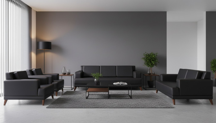 Ledersofas Set 3-Sitzer 2-Sitzer 2x Sessel Schwarz Polster Kissen Holz