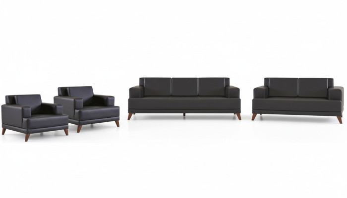 Ledersofas Set 3-Sitzer 2-Sitzer 2x Sessel Schwarz Polster Kissen Holz