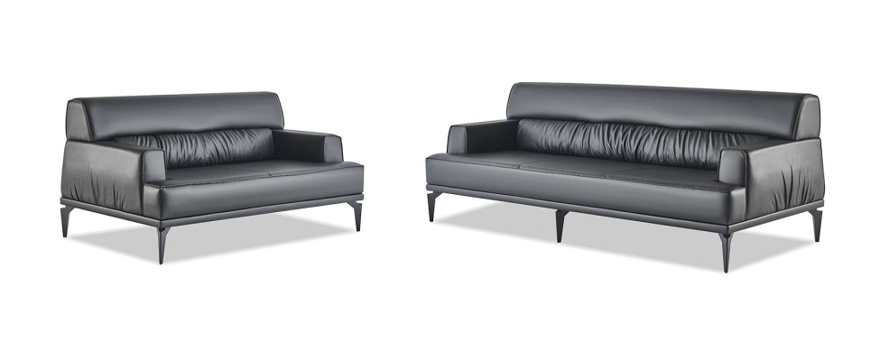 Sofa-Set Modern 3-Sitzer 2-Sitzer Schwarz Sofas Leder Edelstahl Holz