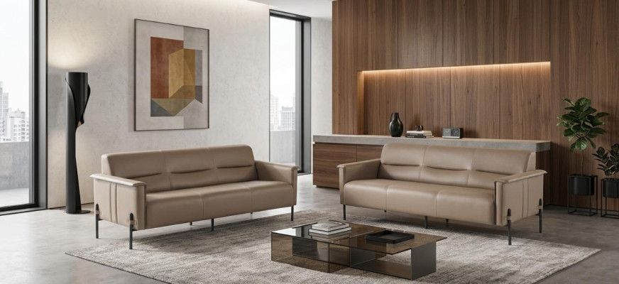 Ledersofas 3-Sitzer Edelstahl Beige Modern Edelstahl Couch Leder Holz