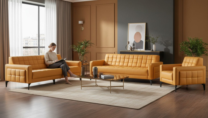 Komplett Set Sofas Modern Ledersofas 3-Sitzer Sessel Couch Leder Edelstahl